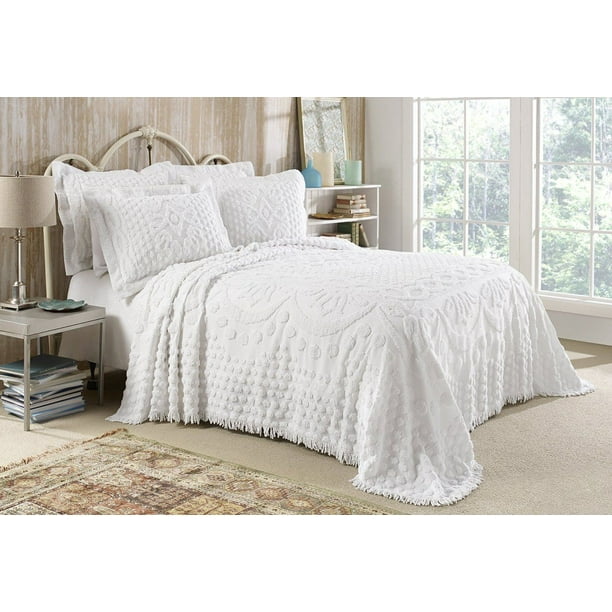 100% Cotton Tufted Chenille Stripe Bedspread Bedding Twin Full Queen King White
